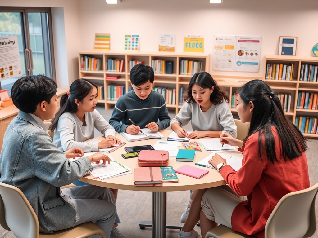 Группа студентов обсуждает задания за круглым столом в пространстве для учебы. На столе книги и записи.