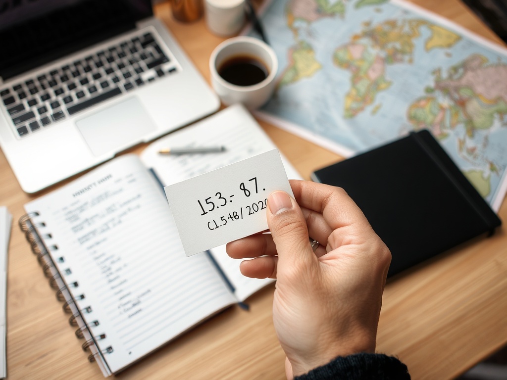 На столе лежит карта мира, ноутбук, чашка кофе и карточка с текстом: 15.3: 87, C1.54/8/2020.