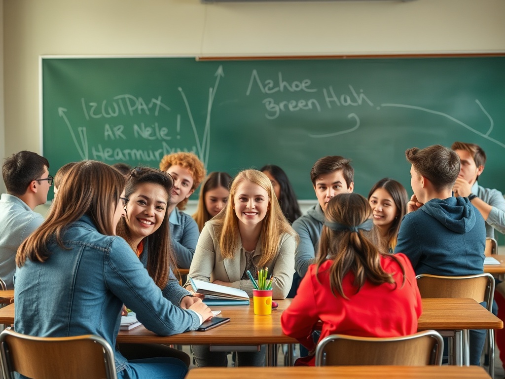 В классе сидят студенты, улыбаются и общаются, вокруг доска и учебные материалы.