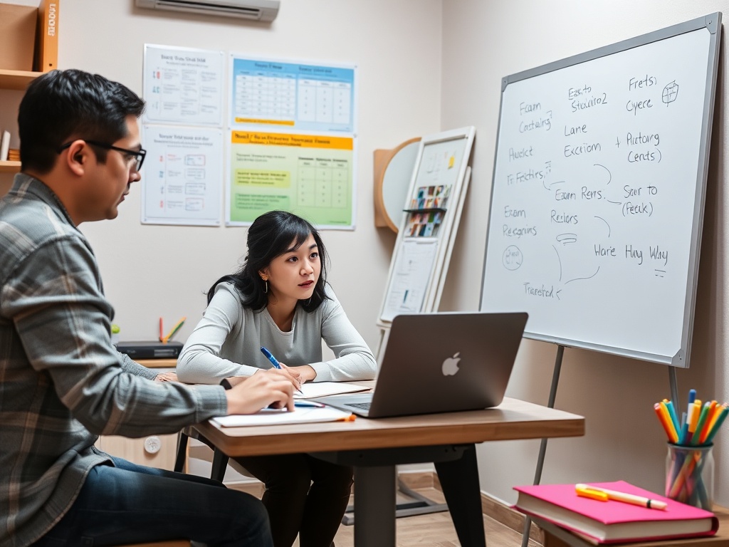 Два человека обсуждают учебные материалы за столом, на стене – доска с заметками и графиками.