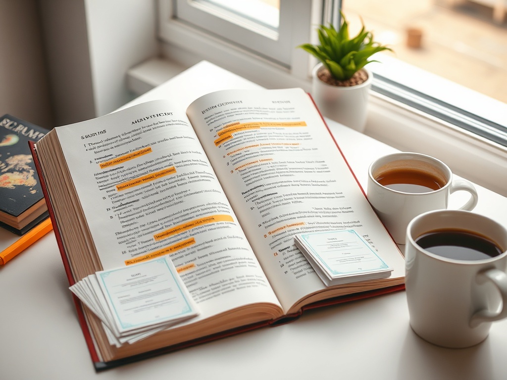 Открытая книга с выделенными текстами, чашки кофе и карточки для заметок на столе у окна.
