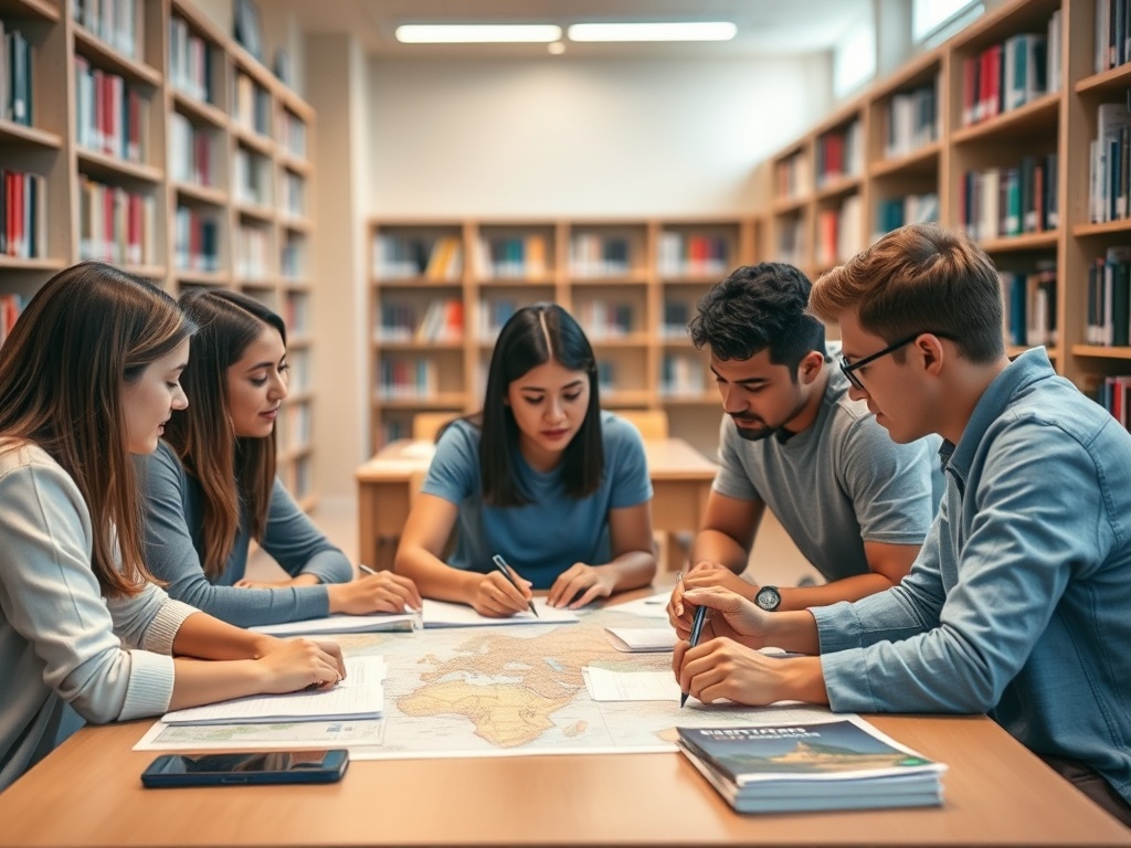 Студенты обсуждают и планируют на карте в библиотеке, окруженные стеллажами с книгами.