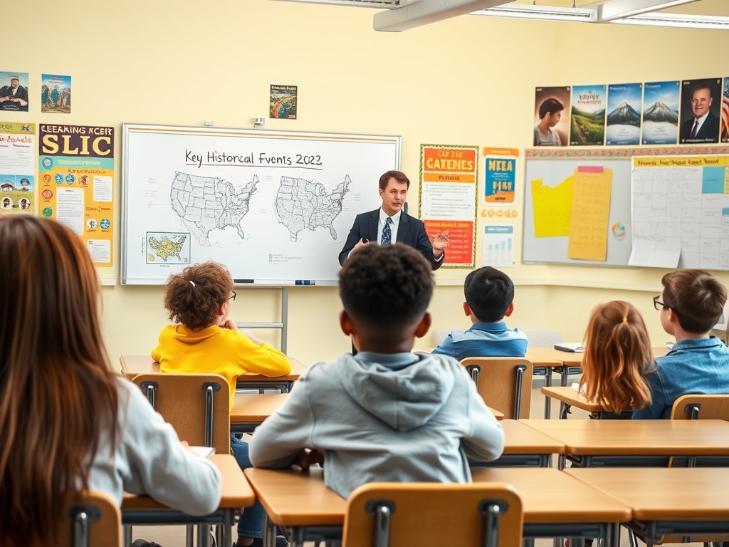 Учитель объясняет ключевые исторические события 2023 года группе учеников в классе.