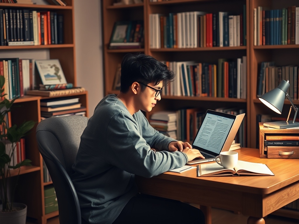 Молодой человек работает за столом с ноутбуком, окружённый книгами и уютным освещением.