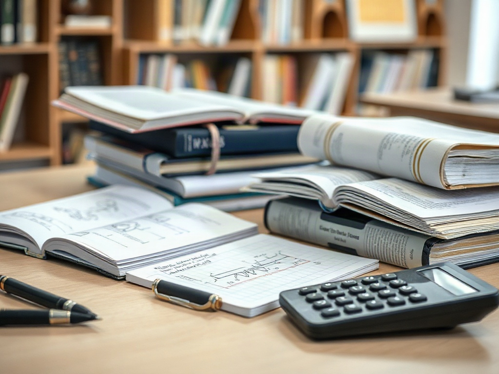 На столе книги, тетради, калькулятор и ручки. Атмосфера учебы и подготовки к занятиям.