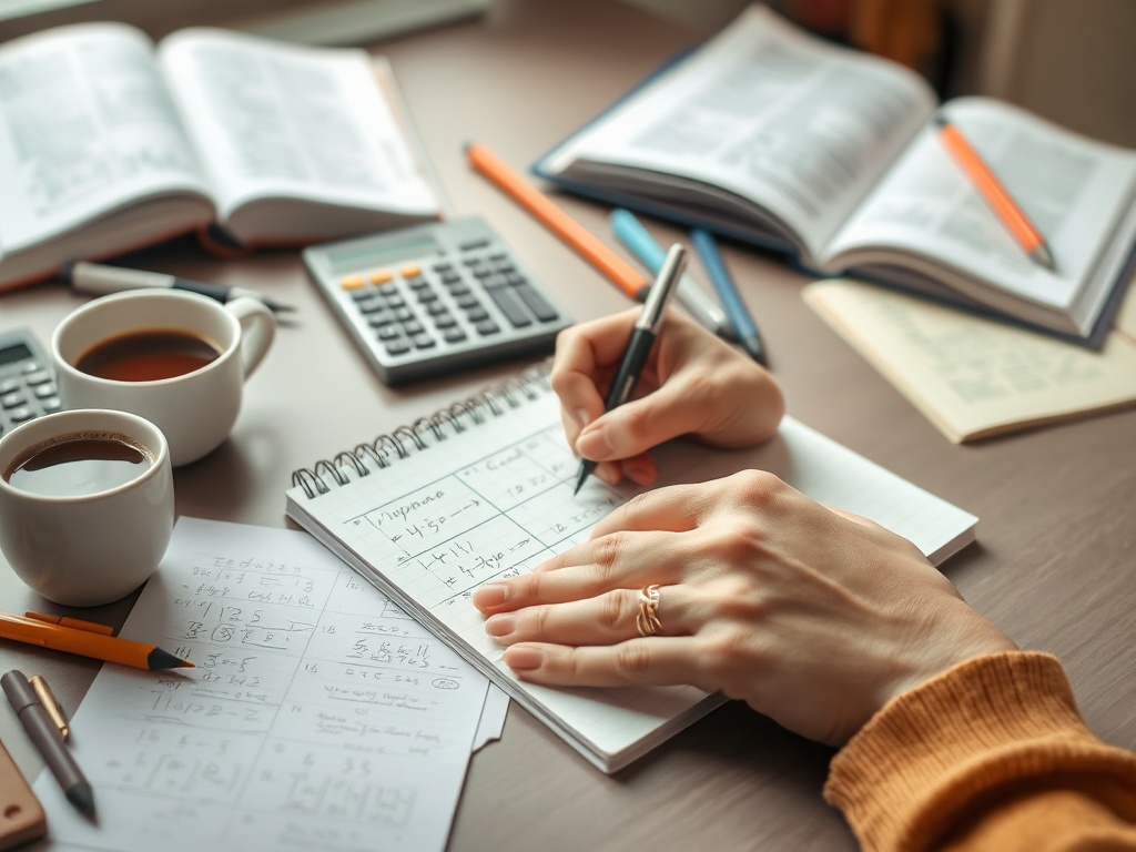На столе лежат книги, тетради, чашка кофе и калькулятор. Человек пишет заметки в блокноте.