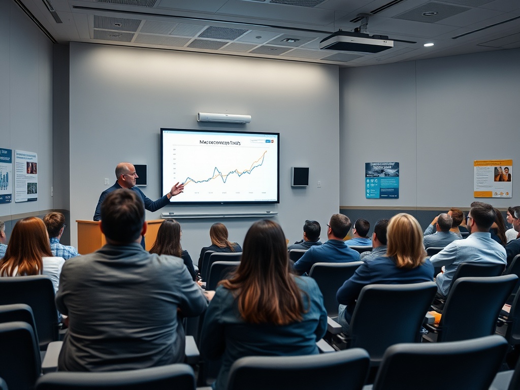 На лекции преподаватель объясняет график на экране, слушают студенты в аудитории.