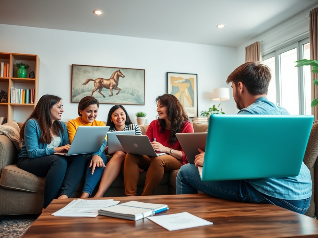 Группа молодых людей за обсуждением на диване, все используют ноутбуки и улыбаются, в уютной обстановке.