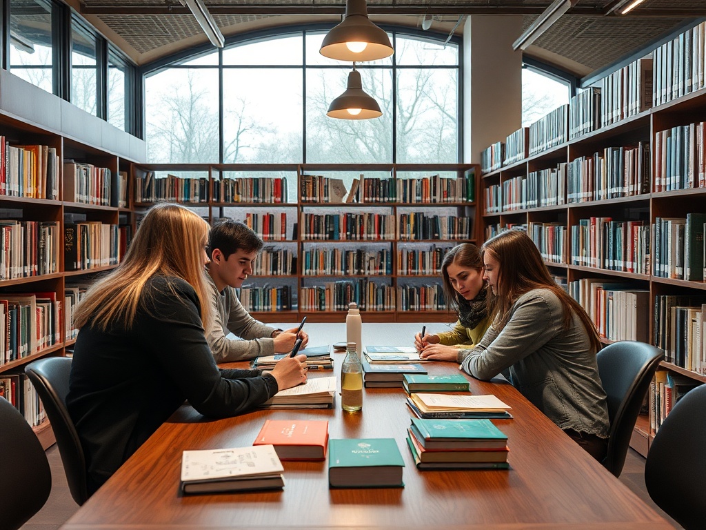 Четыре студента сидят за столом в библиотеке, учатся и обсуждают материалы среди книжных полок.