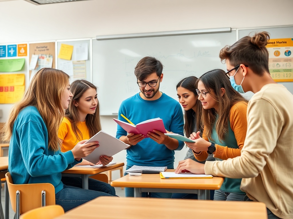 Группа студентов обсуждает материалы и книги в классе, сидя за столами и активно общаясь.