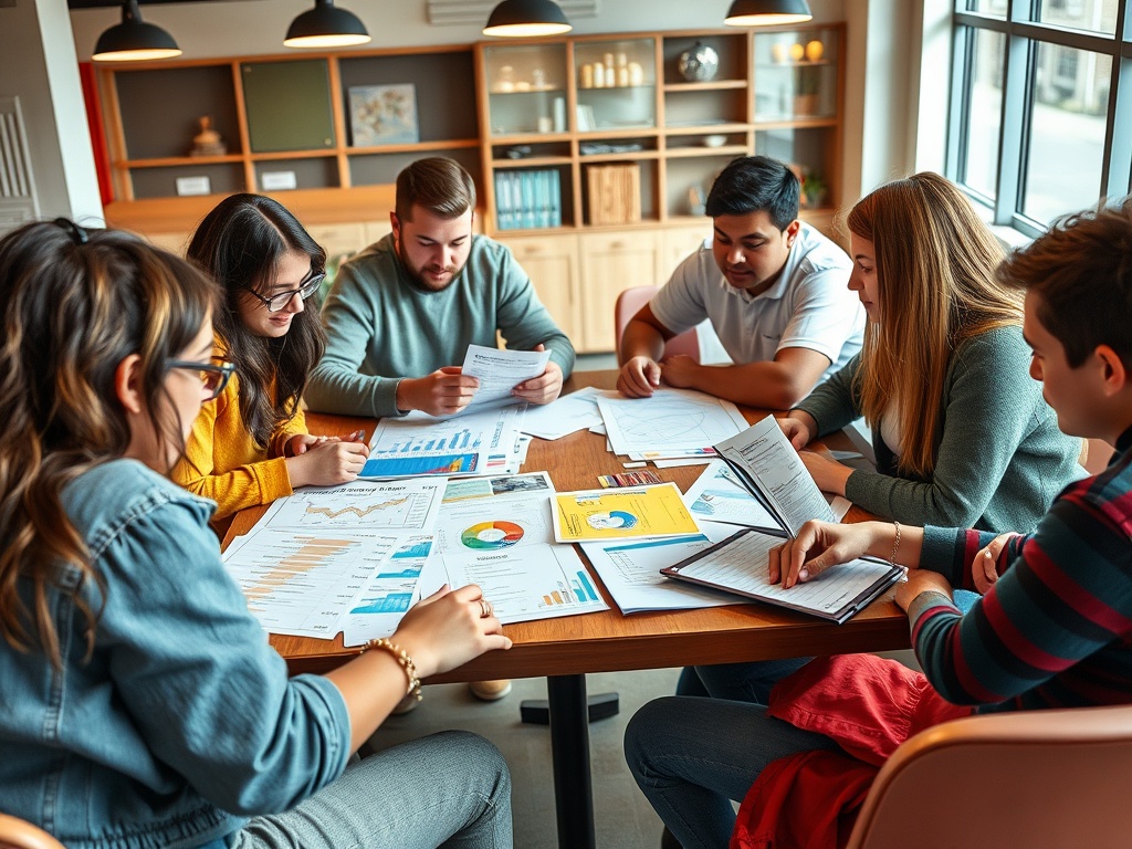 Группа людей обсуждает документы и графики на столе в уютном офисе. Сосредоточенные лица и обсуждения.