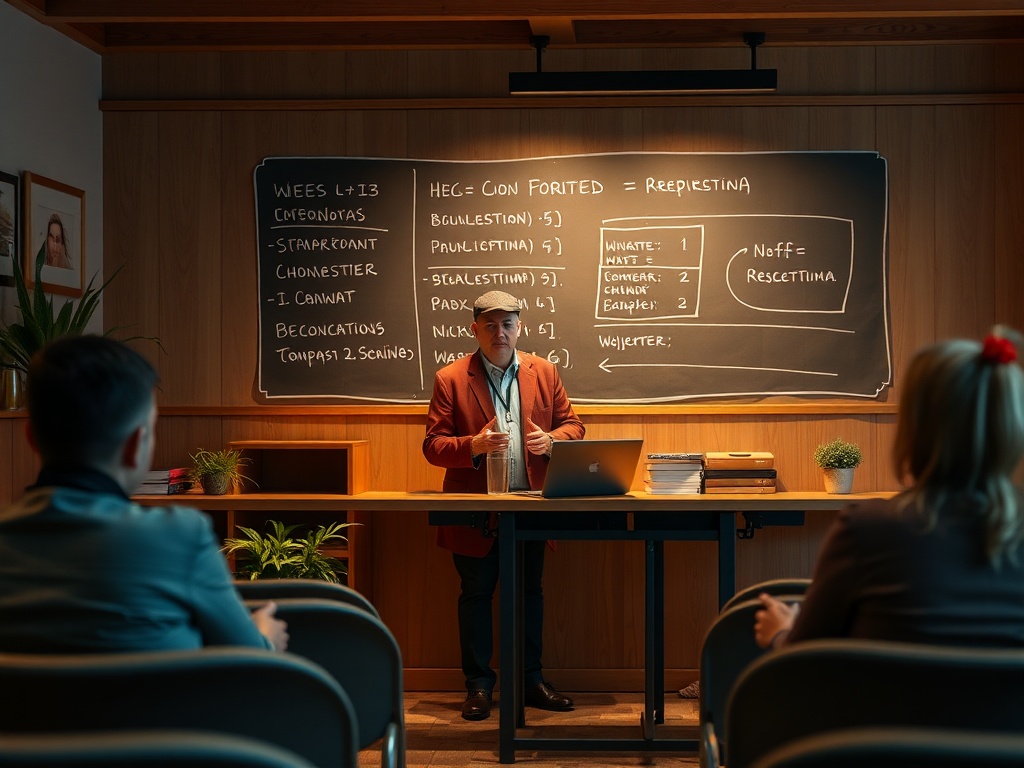 На изображении преподаватель рассказывает о предметах на доске в аудитории. Слушатели внимательно смотрят.